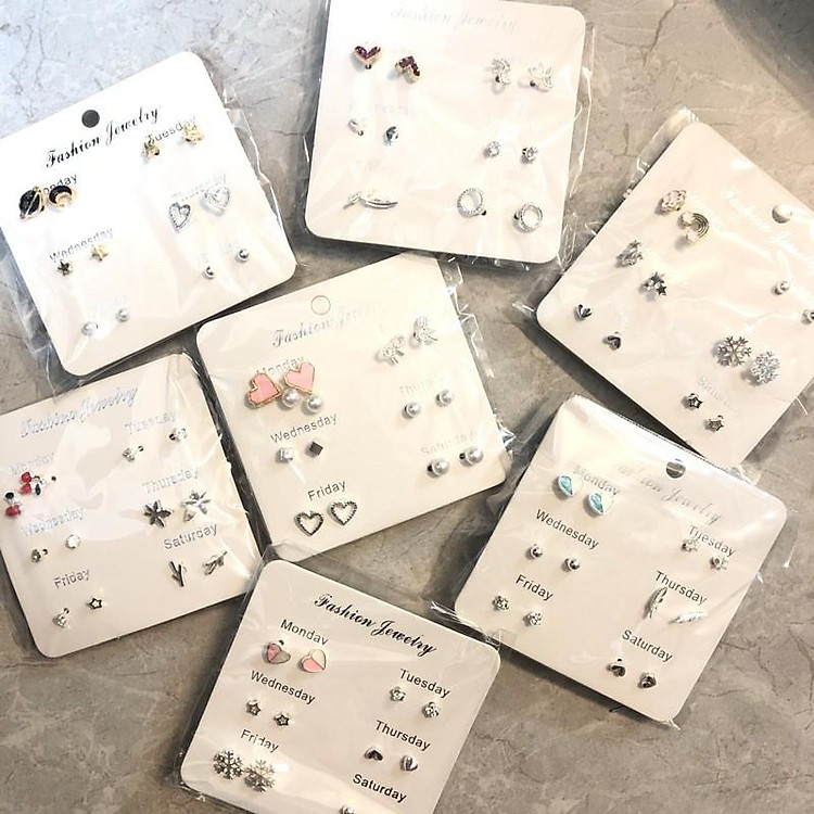 Set 6 đôi khuyên tai mini các ngày trong tuần Set hoa tai tuần