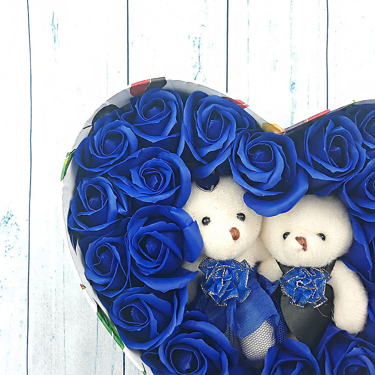 Quà tặng sinh nhật hoa hồng sáp hộp tim 2 gấu màu xanh - Ảnh 3