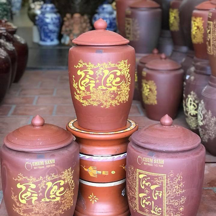 Hũ Sành Đựng Gạo Có Nắp Màu Nâu Đỏ Chuản Gốm Bát Tràng