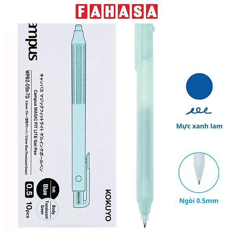 Hộp 10 Bút Gel Magic Fit Lite 0.5 mm - Campus WPB2-05B-TG - Mực Xanh - Translucent Green