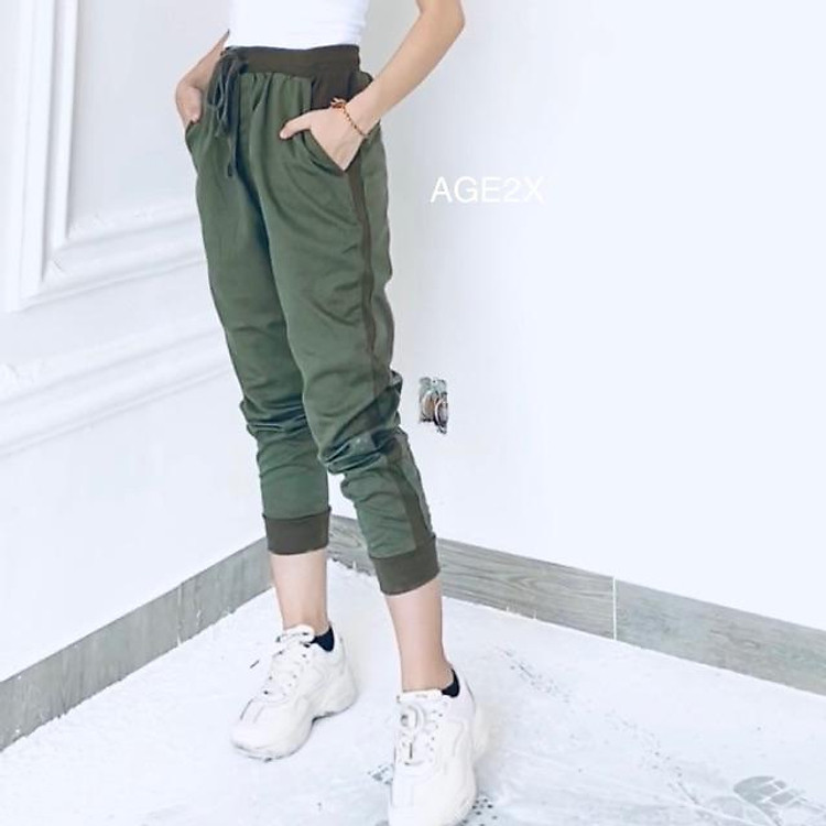 JOGGER KAKI NỮ phối sọc thun gân co giãn tệp màu Nữ #AGE2X hàng VNXK