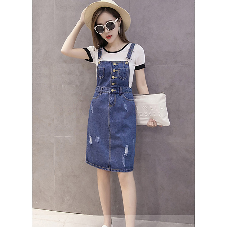 Đầm Yếm Jean Nữ Wash Cào Duyên Dáng