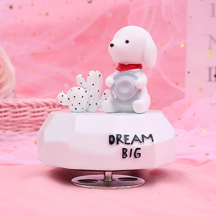 Hộp nhạc Dream Big Cún con ôm mũ xương rồng trắng