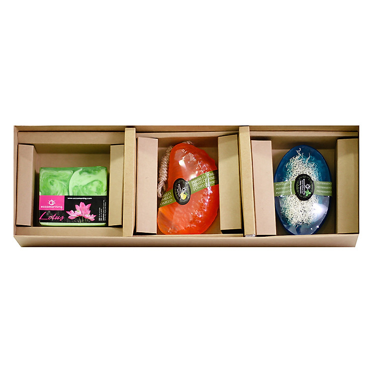 Hộp 3 Xà Bông Thiên Nhiên Handmade Eccomorning SBFA - Hình Vuông hương Hoa Sen + Hình Trái Cây hương Bưởi + Hình Thuyền hương Bạc Hà (100g/Bánh)