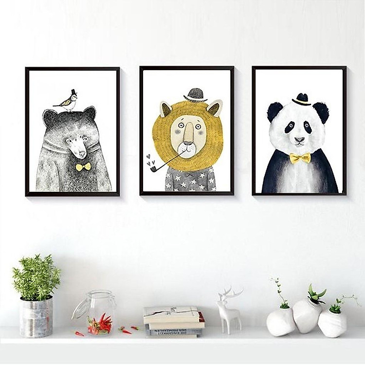 Bộ khung 3 tranh treo tường Cartoon dành cho bé, treo phòng ngủ trang trí - Tặng set đinh 3 chân và khung