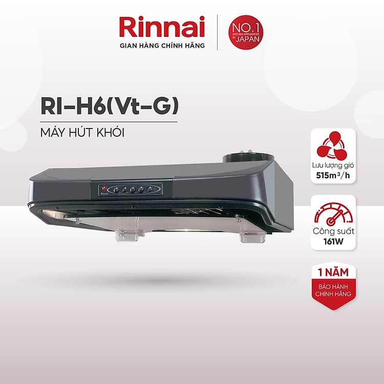 Máy hút mùi 60cm Rinnai RI-H6(Vt-G) ống thoát 161W - Hàng chính hãng.
