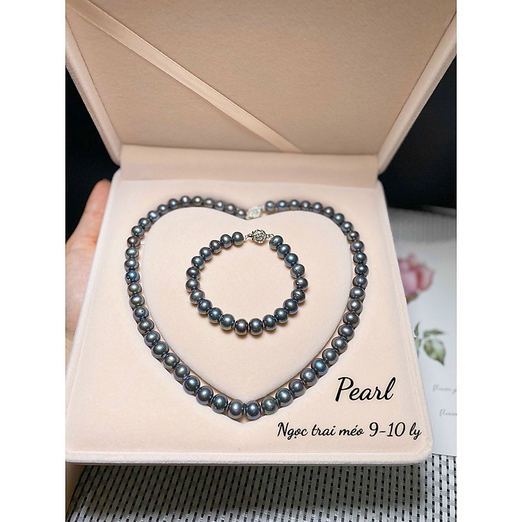 Bộ combo vòng, lắc đeo tay và dây chuyền, chuỗi đeo cổ ngọc trai nuôi đen tự nhiên