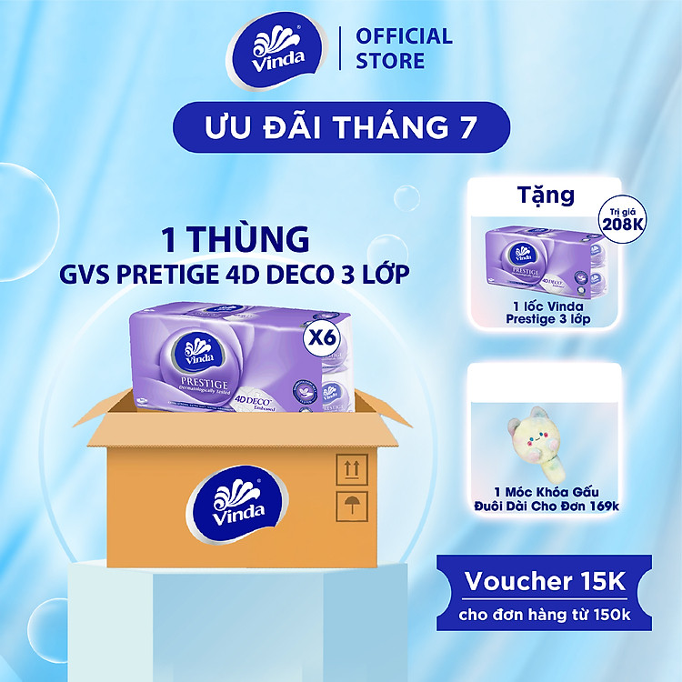 [MUA 1 THÙNG GVS PRESTIGE 4D TẶNG 1 LỐC GVS PRESTIGE 4D] Giấy vệ sinh cao cấp Vinda Prestige 4D 3 lớp (8 Cuộn)