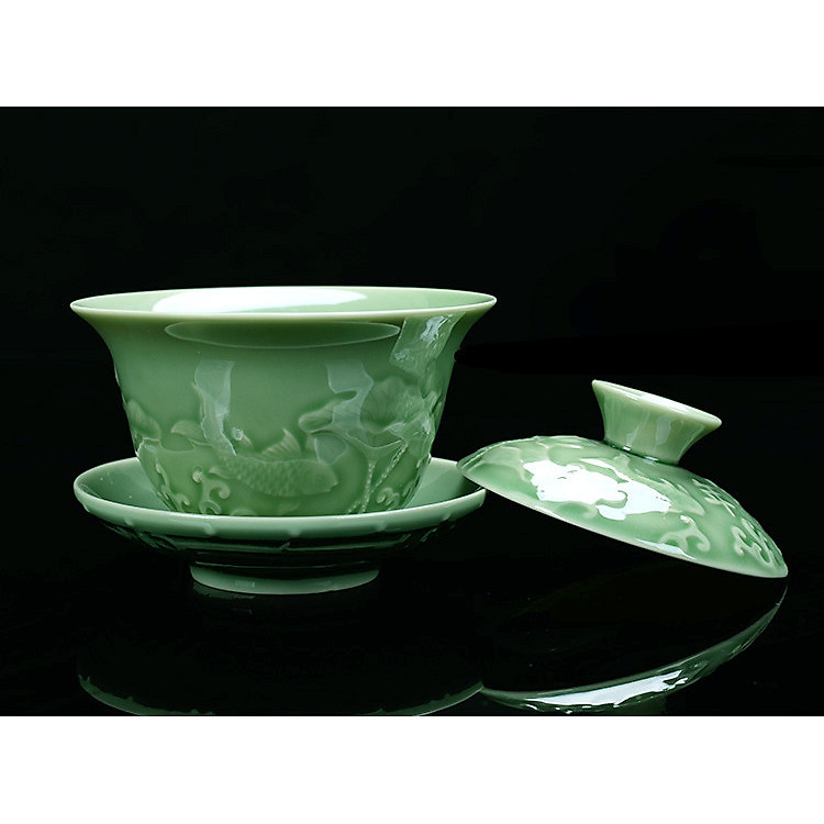 Ly Chén Trà ngọc cẩm thạch màu xanh cá chép hoá rồng
