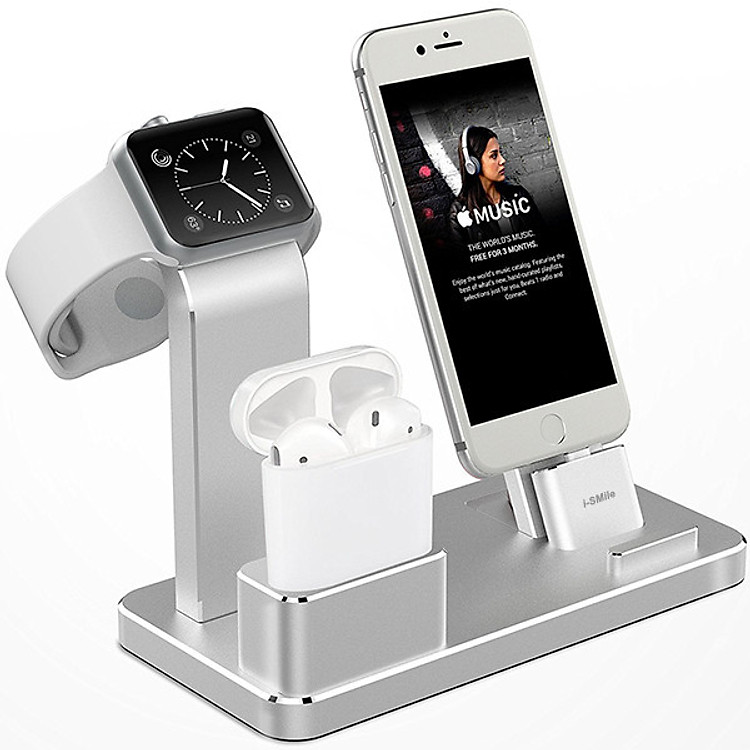 Giá đỡ kiêm đế sạc để bàn cho Apple Watch & iPhone & AirPods hiệu i-Smile hợp kim nhôm Sạc cùng lúc nhiều thiết bị - Hàng chính hãng