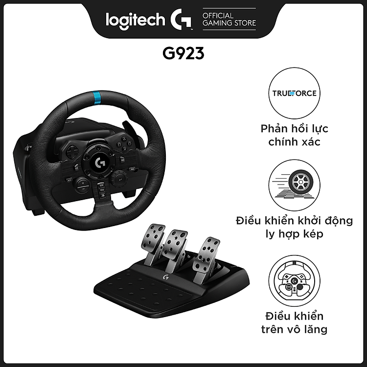 Bộ vô lăng & bàn đạp chơi game đua xe Logitech G923 - Phản hồi lực TRUEFORCE, tay cầm bọc da cao cấp, tương thích PS5, PS4, PC, Mac - Hàng Chính Hãng