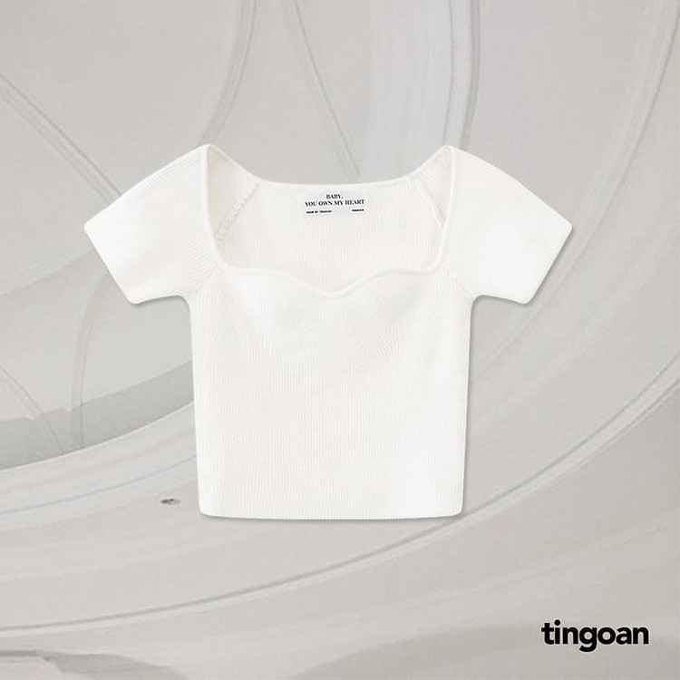Áo len ngắn tay cổ lượn viền trắng tingoan MAKE LOVE TOP/WH