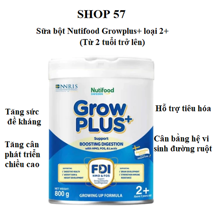 Sữa bột Nutifood Growplus+ loại 2+ hỗ trợ tiêu hóa từ 2 tuổi trở lên 800g