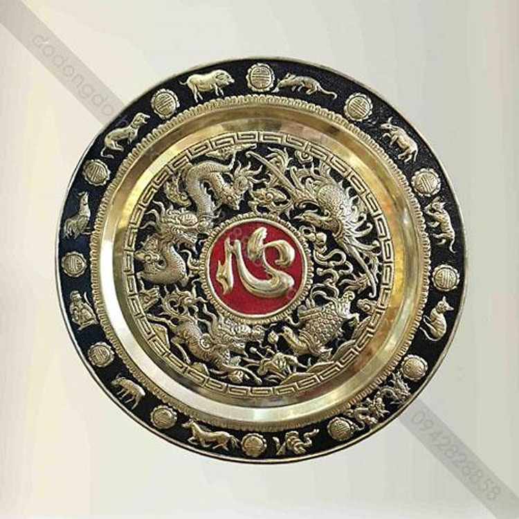Mâm Đồng Tứ Linh Hoa Văn Trạm Trổ đúc đồng TÂM - PHÚC - LỘC tài lộc , may mắn đường kính 51cm . Đồ trang trí phong thủy