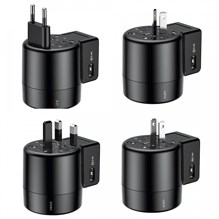 Bộ sạc chân cắm xoay đa năng Baseus 2 Cổng USB 2.4A (US/ UK/ EU/ AU, Universal USB Travel Charger/ Adapter) - Hàng nhập khẩu