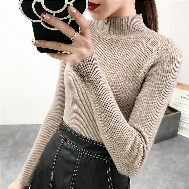 Áo thun dài tay thun gân cổ lọ thiết kế ôm sát tôn dáng Nữ Màu Khaki