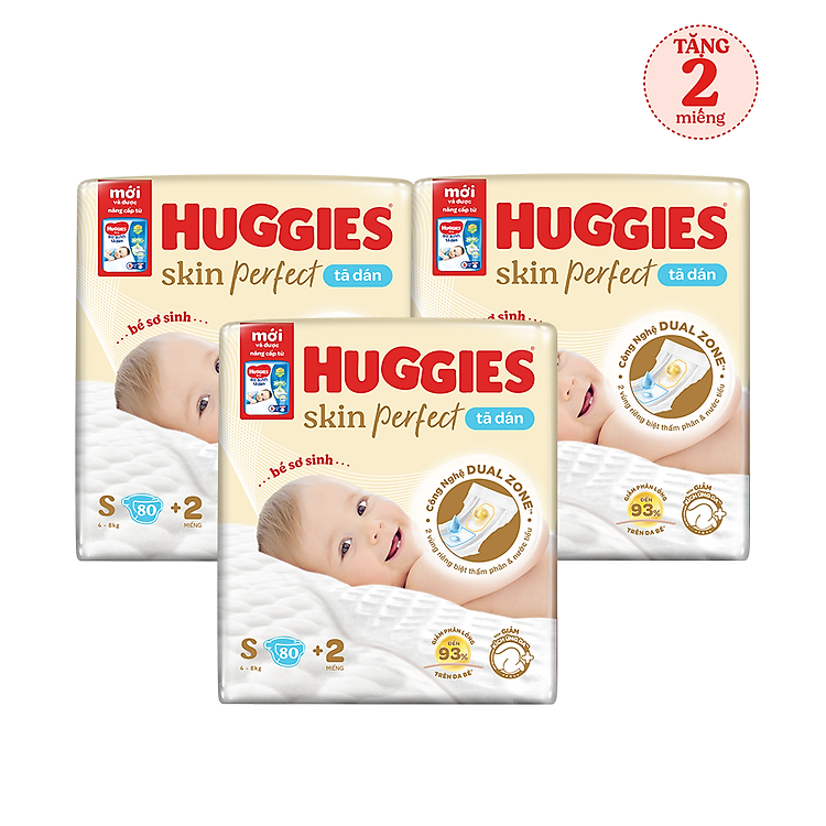 Combo 3 gói Tã/bỉm dán sơ sinh Huggies Skin Perfect S 80+2 miếng với 2 vùng thấm giảm kích ứng da