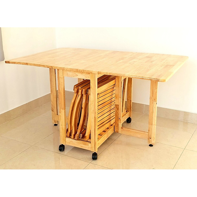Bàn Ăn Gỗ Cao Su Xếp Gọn 90 x 1m4 Thông Minh Dày Dặn - Hàng VN Xuất Khẩu