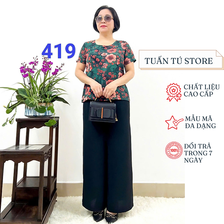 Đồ Bộ Trung Niên Bộ Đồ Phối Áo Lụa Hàn Châu Quần Đũi Cao Cấp Siêu Mềm Siêu Mát - Tuấn Tú Store