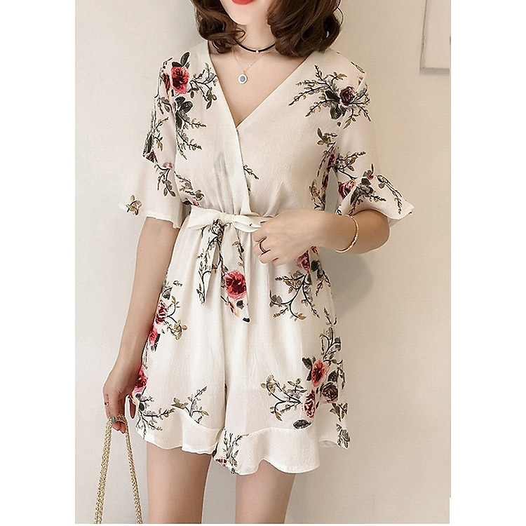 Bộ jumsuits kèm đai chất cát mịn - HOA TRẮNG