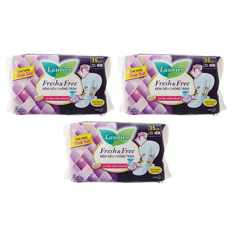 Combo 3 gói Băng Vệ Sinh Ban Đêm Laurier Fresh & Free Đêm Siêu Chống Tràn 35cm - 3 Miếng