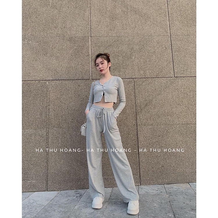 Set bộ len tăm áo Croptop mix quần suông ống rộng siêu hack dáng