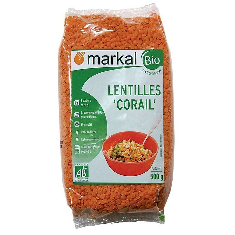 Đậu lăng đỏ cam san hô hữu cơ Markal 500g
