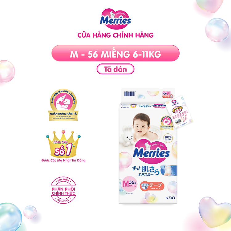 Tã bỉm dán Merries size M 56 miếng Chính hãng Ưu đãi - Hình ảnh 2
