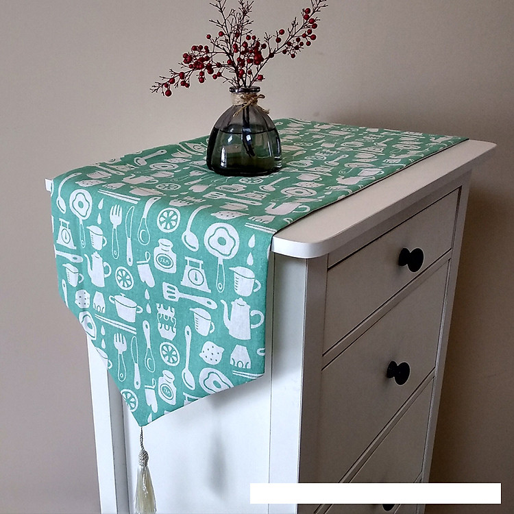 Khăn trải bàn table runner vải bố - Họa tiết Đồ dùng nhà bếp xanh - mẫu D04