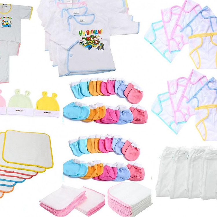 combo 85 Món Đồ Dùng Cho Bé Sơ Sinh_y hình( 10 áo bosini + 15 tã vải baby M.Hoàng + 15 khăn sữa 4 lớp Bemi(chuột 5 lớp) + 10 cặp bao tay + 10 cặp bao chân + 5 nón + 5 quần bosini+ 15tấm lót Mỹ Hưng)