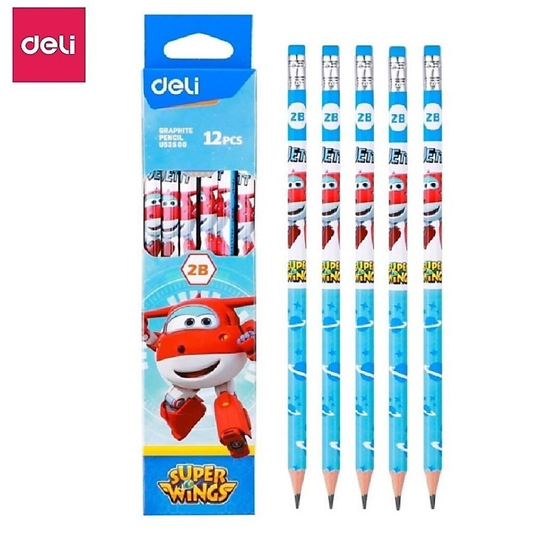 Hộp 12 cây bút chì đội bay siêu đẳng Superwings 2B Deli U535 kèm đầu tẩy Deli 53500