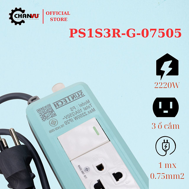 Ổ cắm điện cao cấp 5m Suntech 3 cổng, 1 công tắc, công suất lớn, chịu tải cao đến từ Thái Lan