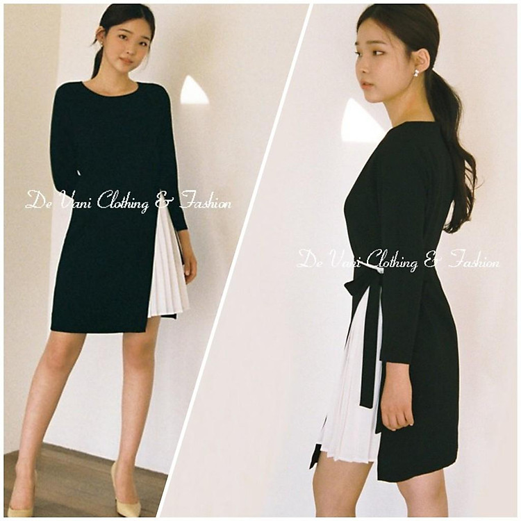 Đầm dự tiệc tay dài màu đen phối lụa voan cát trắng