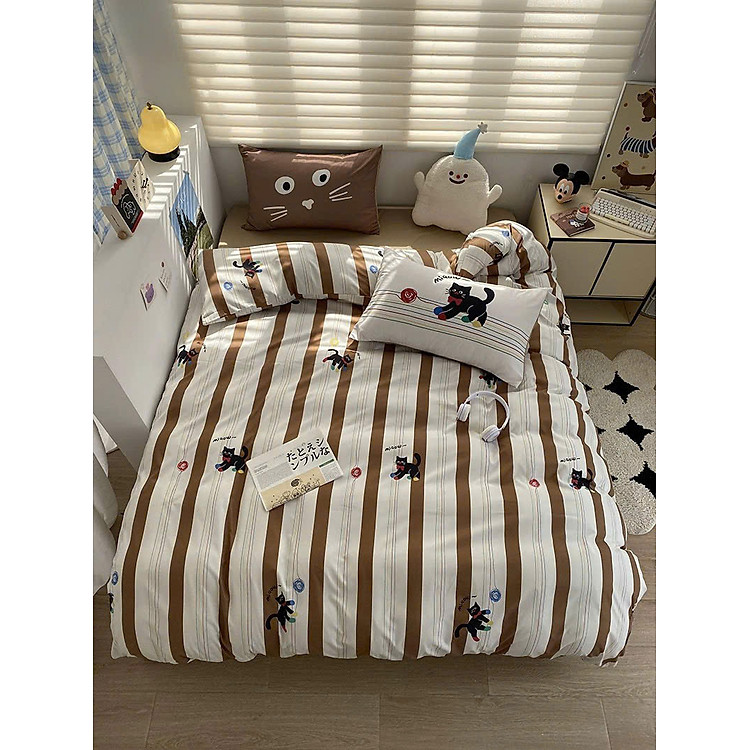 Bộ vỏ chăn ga gối cotton đũi LIDACO họa tiết kẻ sọc in hình con vật ngộ nghĩnh phù hợp với mọi cỡ nệm