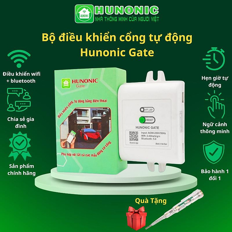 Bộ điều khiển cổng tự động Hunonic Gate điều khiển từ xa bằng điện thoại qua Wifi + Bluetooth hàng Việt Nam sản xuất.