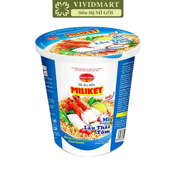 COLUSA - Mì ly Miliket hương vị Lẩu Thái Tôm, Mì Miliket ly Lẩu Thái Tôm, Mì lẩu thái tôm ly Miliket (65g/ly)