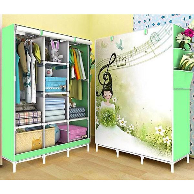 Tủ vải quần áo 3D 3 buồng 8 ngăn dành cho gia đình ( màu xanh)
