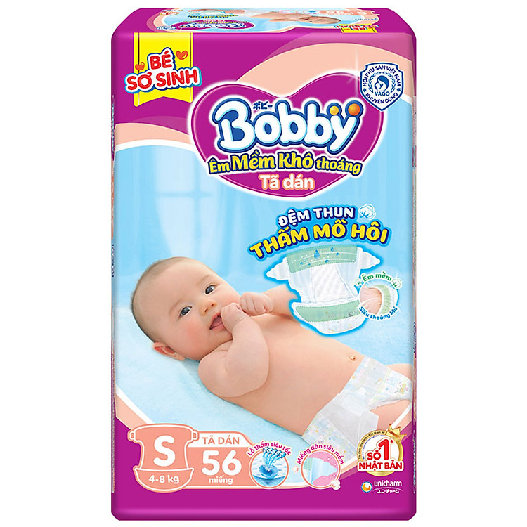 Tã dán Bobby Sơ Sinh Siêu Mỏng Thấm Gói Đại S56(56 Miếng)