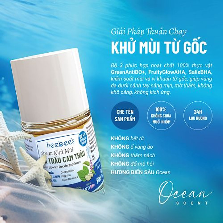 Serum Khử Mùi Thảo Dược Thuần Chay Lá Trầu Cam Thảo Heebee’s Lăn Khử Mùi, Sáng Mịn, Mờ Thâm, Ngăn Mùi 12H 30ml