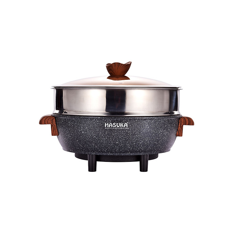 NỒI LẨU ĐIỆN ĐA NĂNG Hasuka HSK355 - Dung tích 5.5L, Lòng Ceramic, Vung kính chịu nhiệt, Xửng hấp Inox lớn - Hàng chính hãng