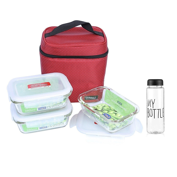 Bộ Hộp Đựng Cơm Thuỷ Tinh Lock&Lock Có Túi LLG422S4 (3 Hộp 380ml) Kèm Bình Đựng Nước
