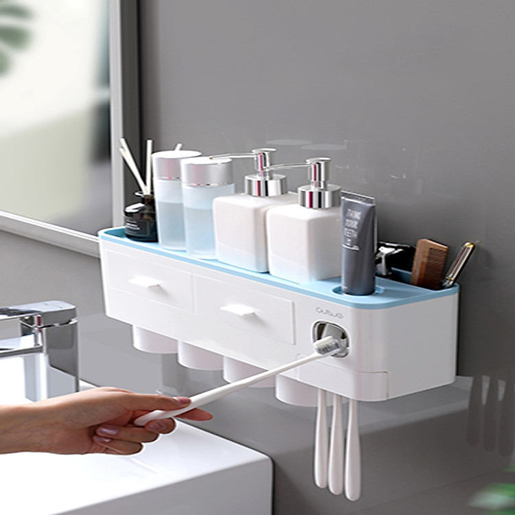 KỆ ĐỂ KEM ĐÁNH RĂNG VÀ BÀN CHẢI THÔNG MINH 4 CỐC CÓ NHẢ KEM ĐÁNH RĂNG TỰ ĐỘNG KÈM CỐC HÚT TỪ TÍNH