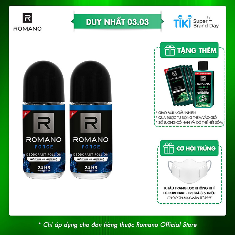 Combo 2 Lăn khử mùi Romano kháng khuẩn & khô thoáng cả ngày 50mlx2 Force