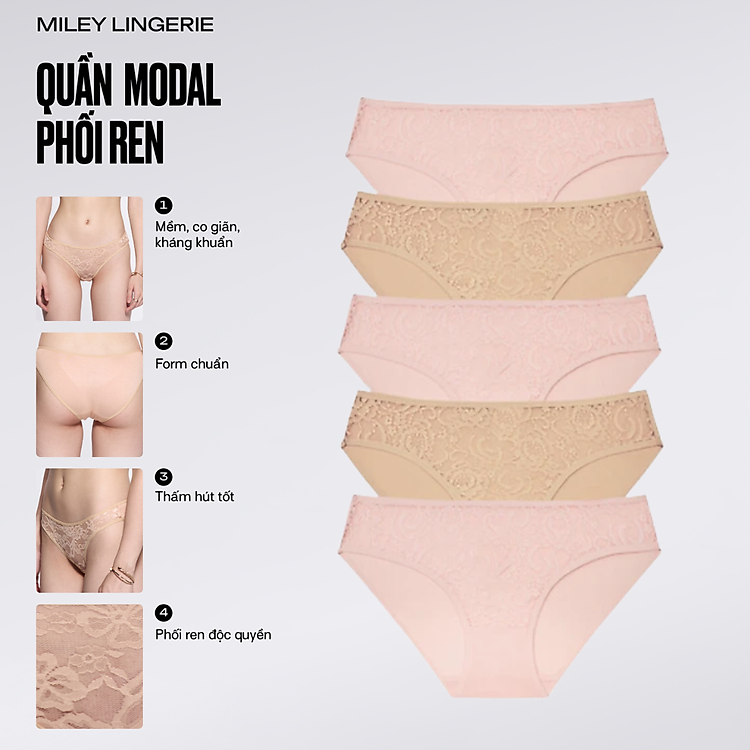 Combo 5 Quần Lót Nữ Modal Phối Ren Sexy Màu Nude và Hồng - FMM04