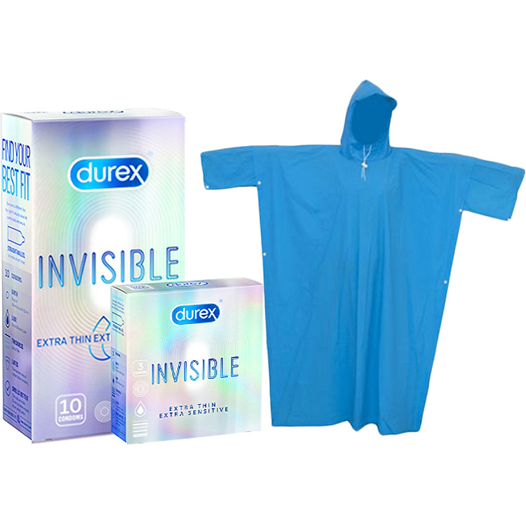 Bộ Sản Phẩm Durex Invisible Lub (10 Bao) + Durex Invisible (3 Bao) - Tặng Áo Mưa Mùa Mây Mưa