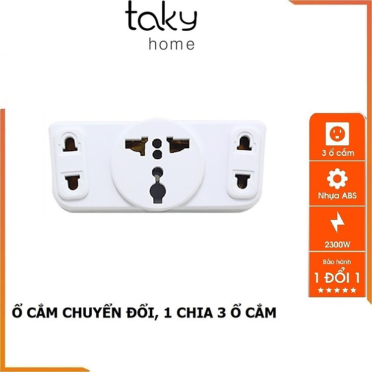Ổ Cắm 2 Chức Năng: Phích Cắm Chia 3 Và Ổ Cắm Chuyển Đổi Từ 3 Chấu Thành 2 Thấu, 2000W, Nhựa ABS - TakyHome 8605
