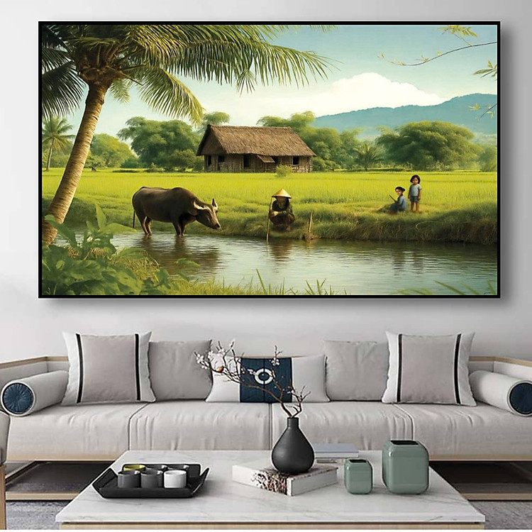 (HCM Tranh treo tường tráng gương cảnh làng quên Việt Nam yên bình kèm đinh treo