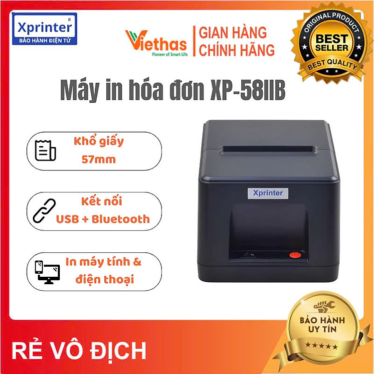 Máy in hóa đơn nhiệt K57 Xprinter XP-58IIB kết nối USB + Bluetooth, in bill bán hàng trên máy tính và điện thoại - Hàng chính hãng
