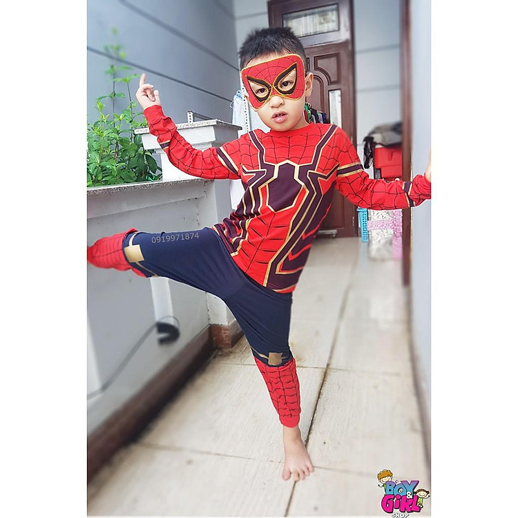 Bộ quần áo siêu nhân Người Nhện Spider-Man dài tay in nhũ vàng- tặng mặt nạ