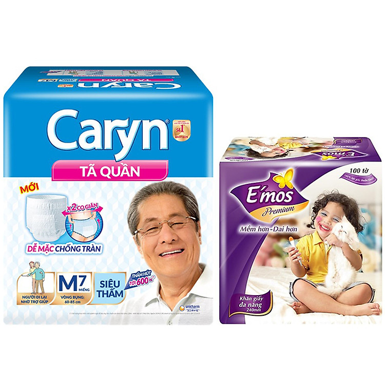 Tã Quần Caryn Siêu Thấm M7 (7 Miếng) - Tặng 1 khăn giấy Emos 100 tờ